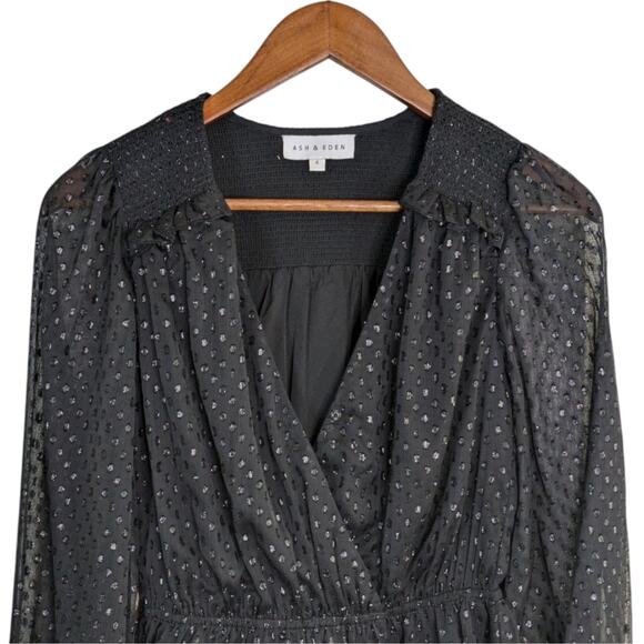 Ash & Eden Swiss Dot Top 4 Black Faux Wrap Peplum Smocked Sheer L/S Shimmer - Picture 2 of 9
